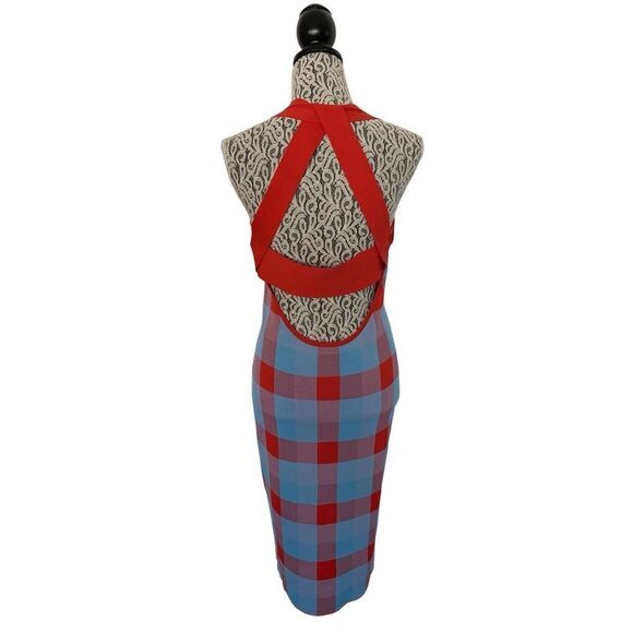Parker Ayla Knit Midi Dress in Plaid Blue, Red Size M - Picture 6 of 12